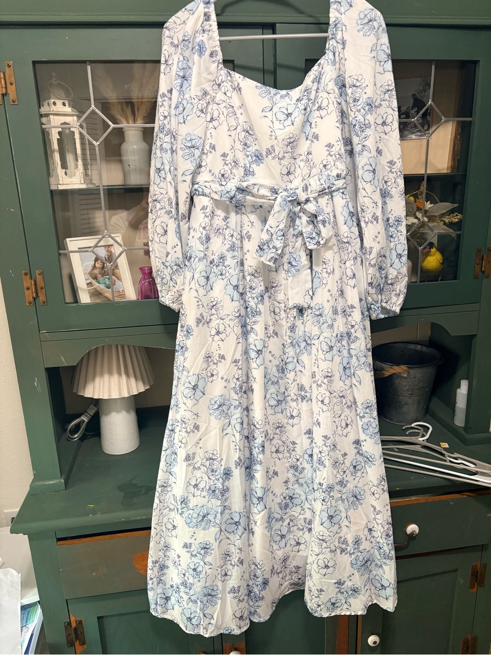 Breastfeeding White & Light Blue Floral Midi Dress with Tie Waist